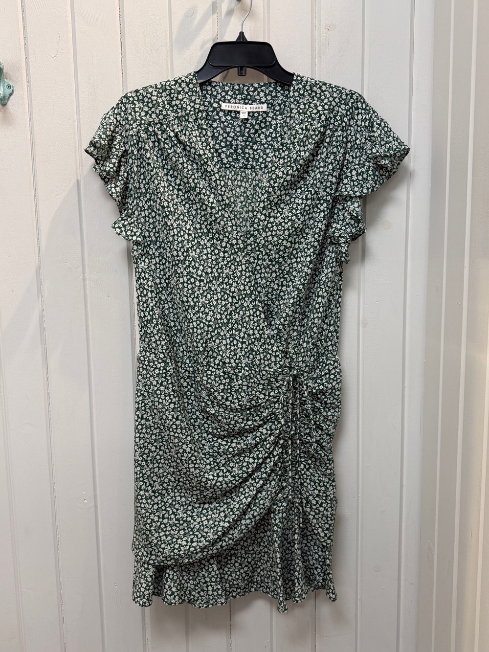 Veronica Beard Marla Forest Green Ruched Silk Floral Dress